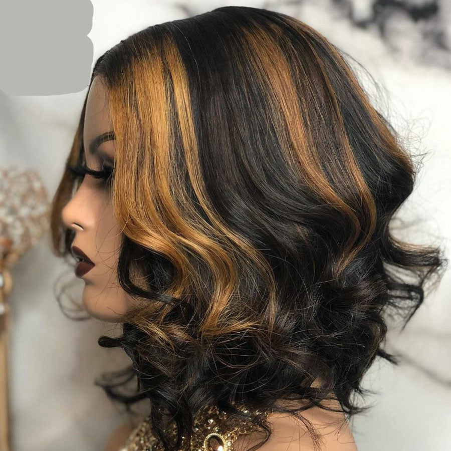 Short Curly Wig - Black & Brown Highlights