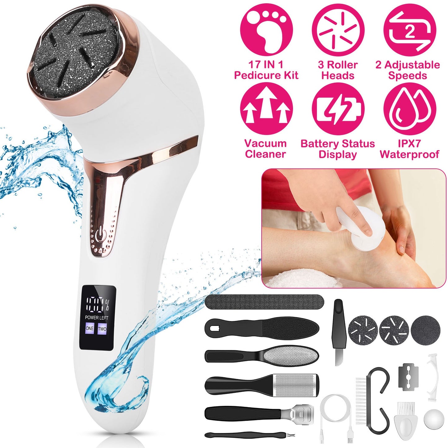 Professional Electric Foot Callus Remover - 17-Piece Pedicure Kit hand roller