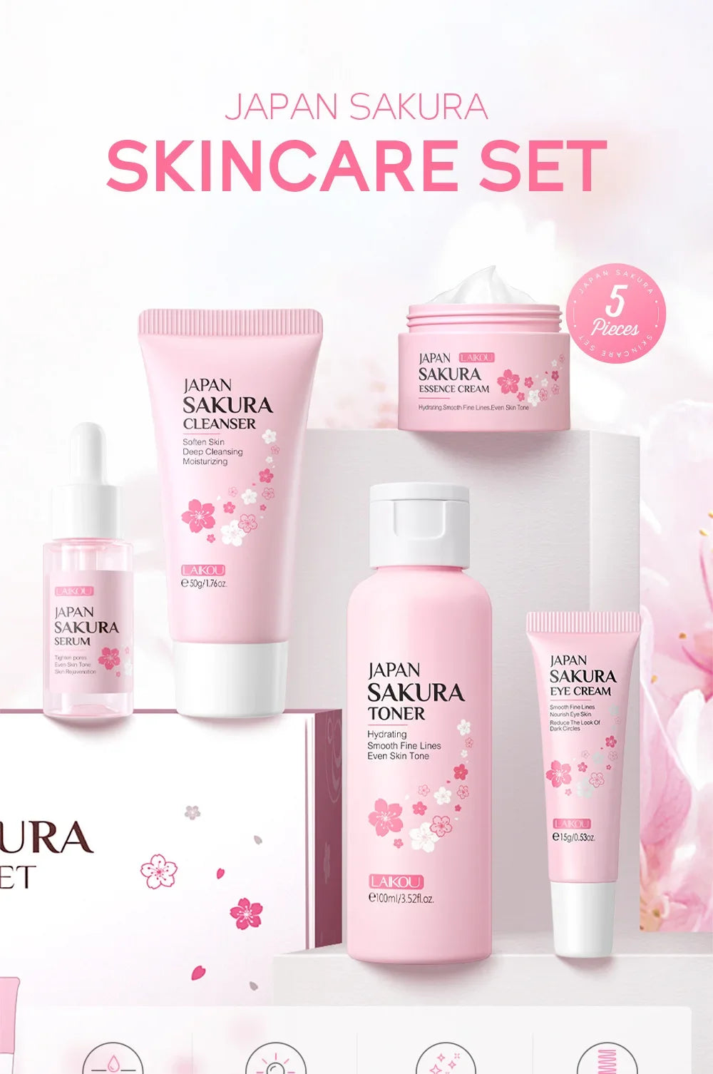 Eleeles Sakura Skin Care Set – 5-Piece Japanese Cherry Blossom Kit | Hydrating & Anti-Aging