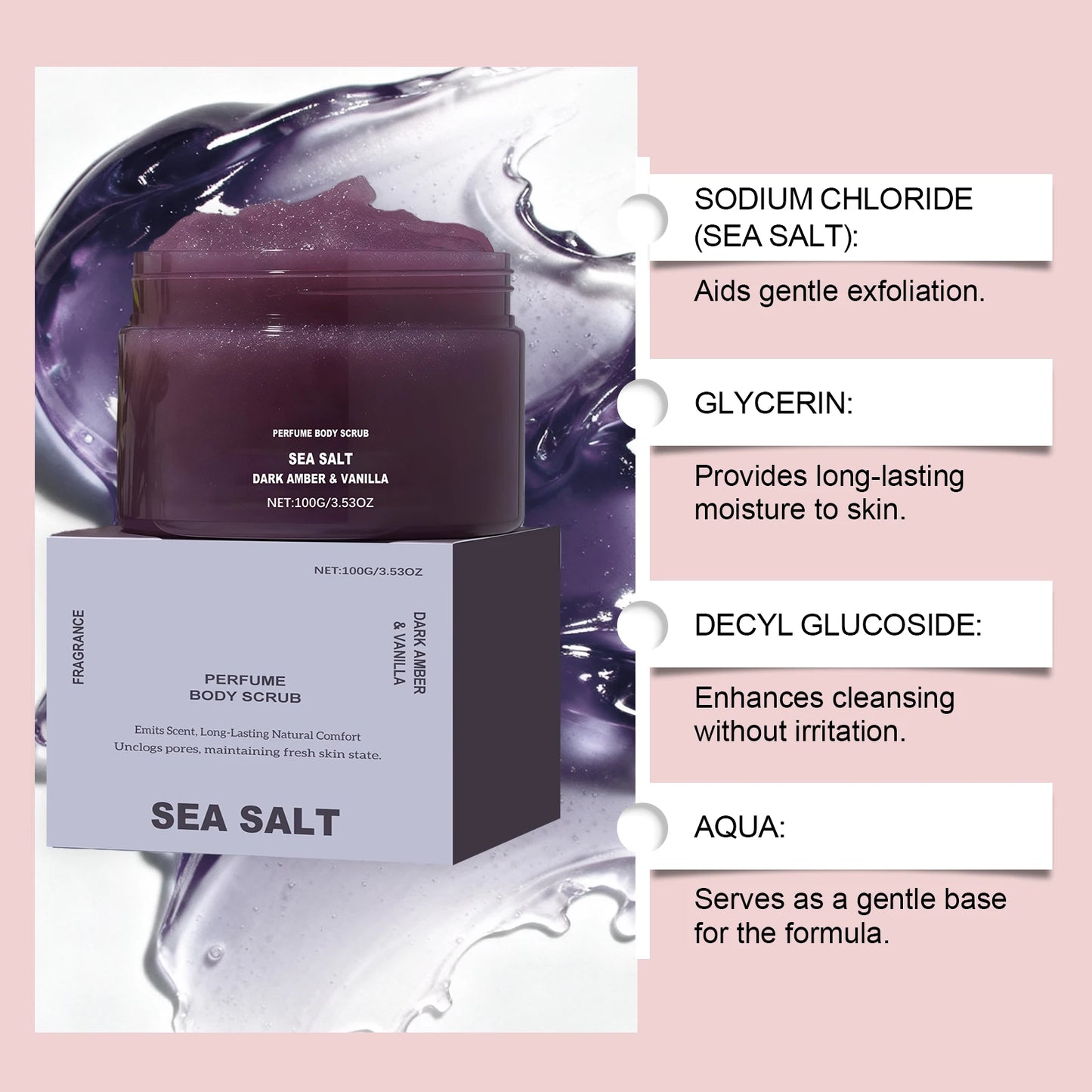 Eleeles Perfume Body Scrub – Exfoliating & Hydrating Salt Scrub, Rose Coral & Amber Vanilla 100g