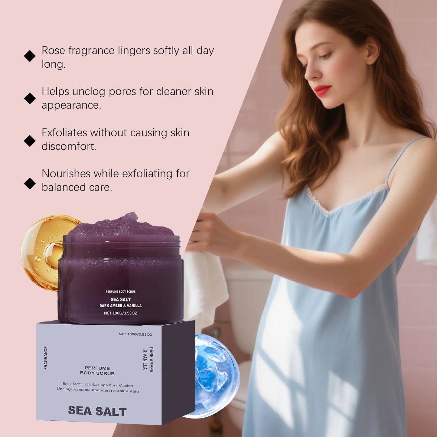 Eleeles Perfume Body Scrub – Exfoliating & Hydrating Salt Scrub, Rose Coral & Amber Vanilla 100g