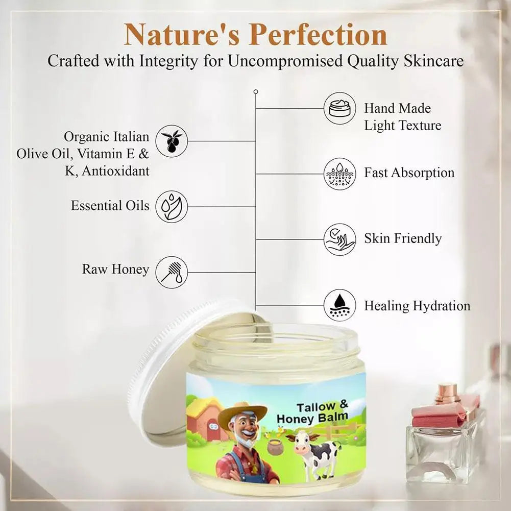 Eleeles Handmade Natural Beef Fat Honey Skincare Cream - 60g Grass-Fed Cow Twill Fabric Cream Pure Moisturizing Fragrance Skincare