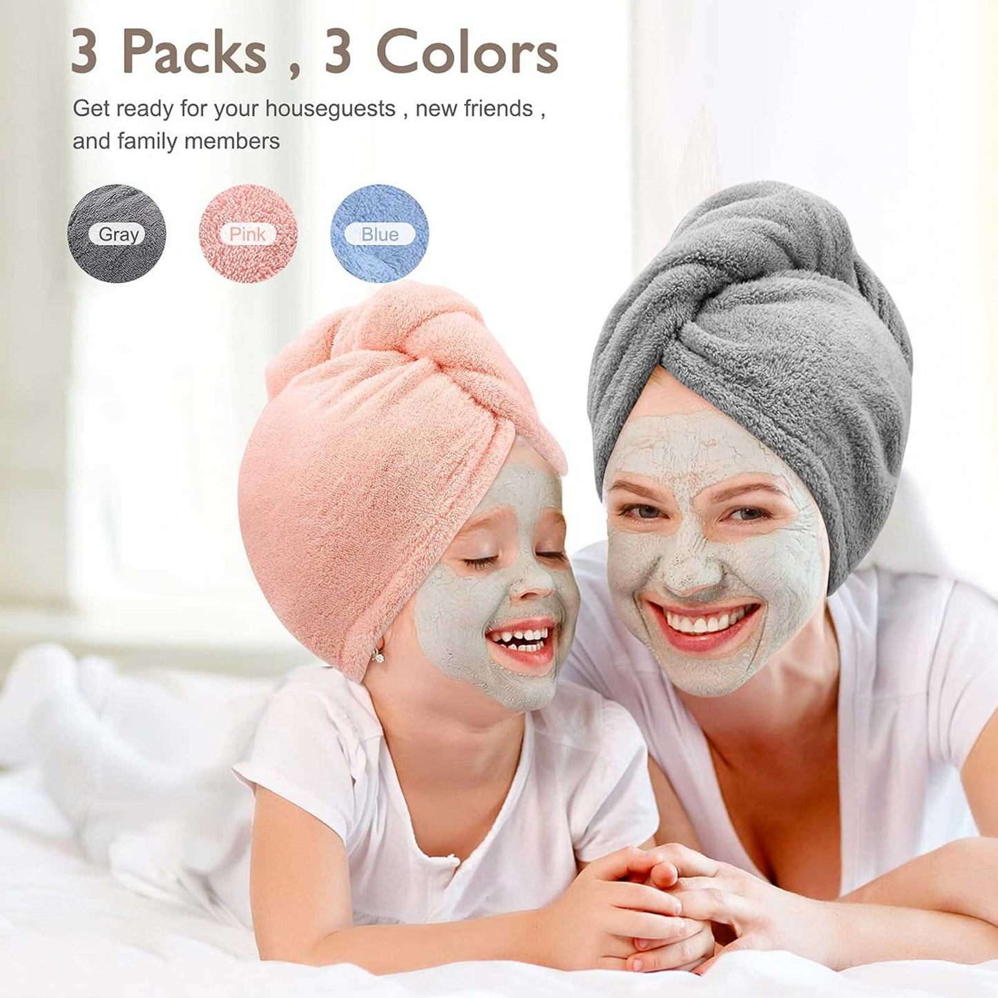 Ultra-Absorbent Microfiber Hair Towel Wrap - 3 Pack