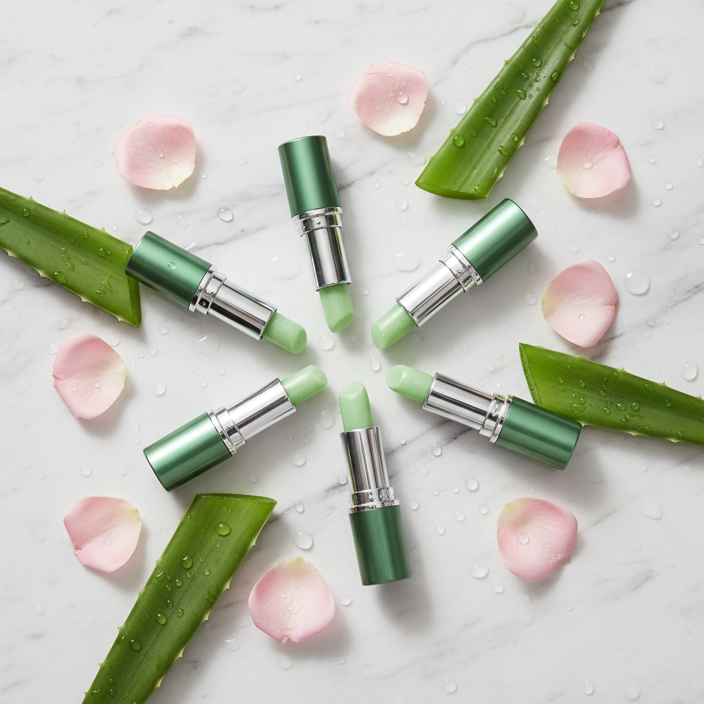 Flat lay labial verde Aloe Vera