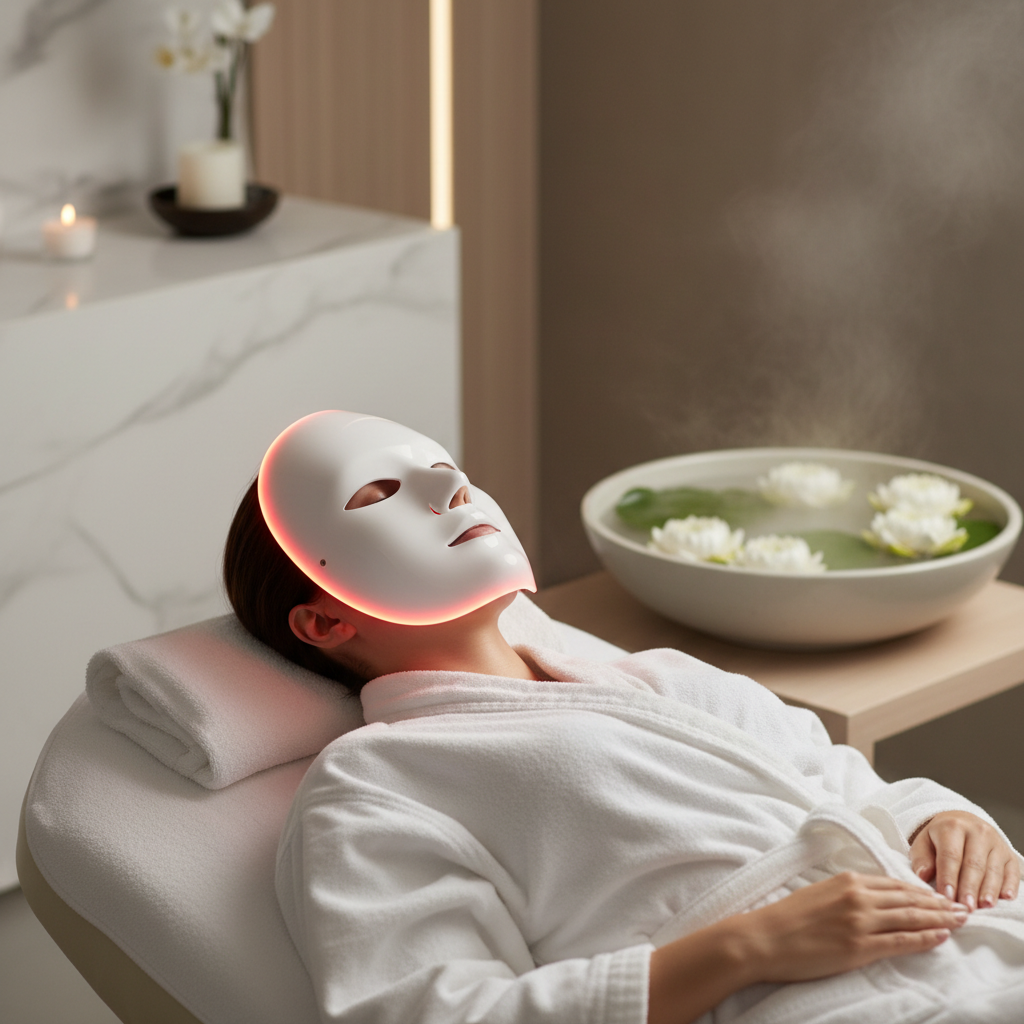 Mujer con máscara LED blanca