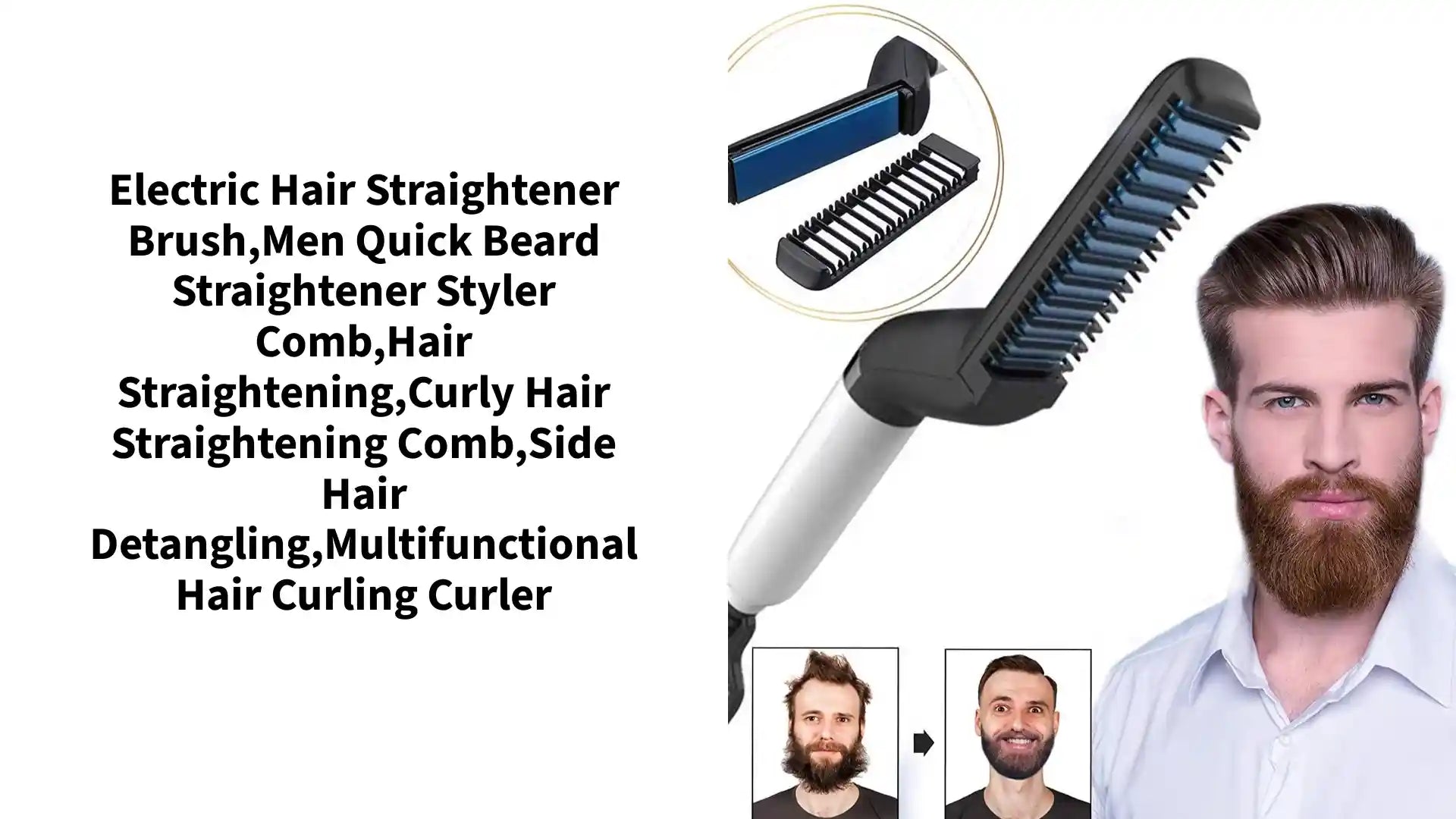 Electric Hair Straightener Brush,Men Quick Beard Straightener Styler Comb,Hair Straightening,Curly Hair Straightening Comb,Side Hair Detangling,Multifunctional Hair Curling Curler by@Outfy