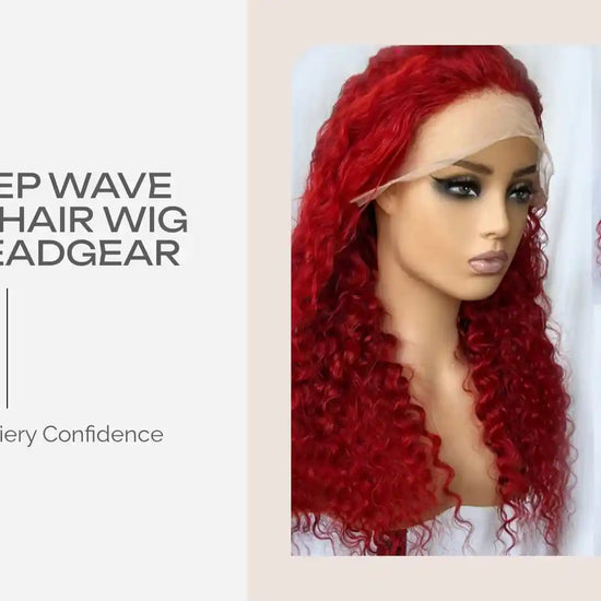 Red Deep Wave Human Hair Wig Real Headgear by@Outfy