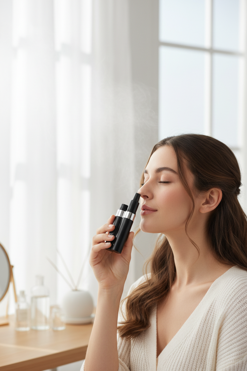 Woman using aromatherapy nasal inhaler